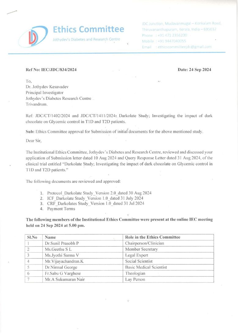 Institutional Ethics Committee approval letter for the Darkolates clinical study