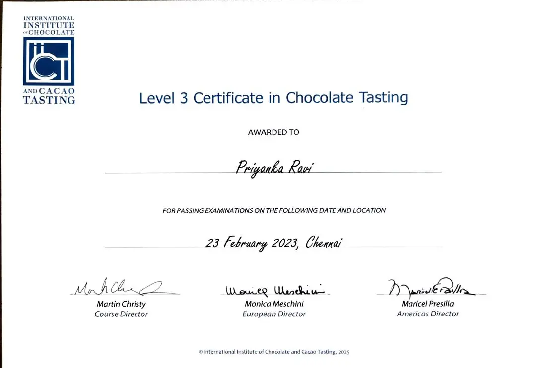 IICCT Level 3 Chocolate Tasting certificate awarded to Priyanka Ravi