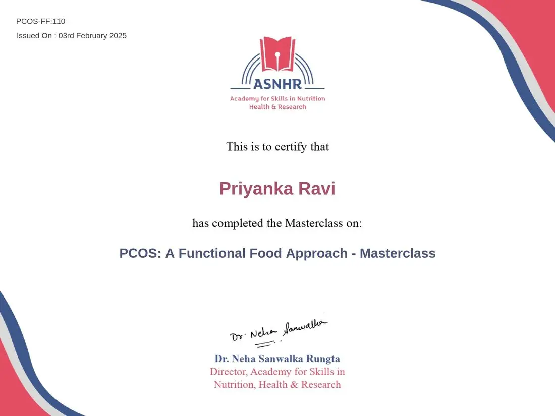 PCOS Functional Food Approach masterclass certificate awarded to Priyanka Ravi